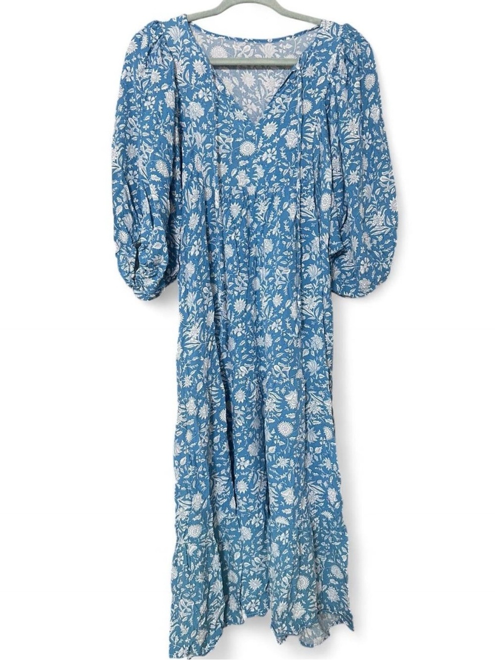 Womens Large Blue rayon dress with white floral print